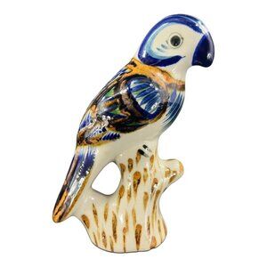 Hand Made Mexican Pottery Large Bird On Branch Figurine Signed Tonala Folk Art